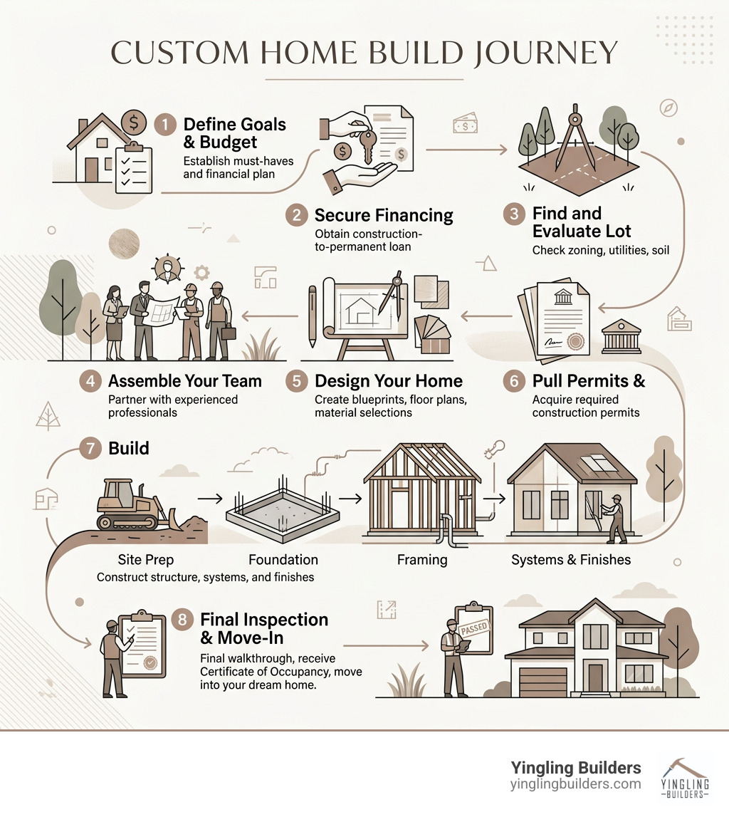 Custom home build journey from concept to move-in, showing 8 key stages - construct your own house infographic Custom home build journey from concept to move-in, showing 8 key stages - construct your own house infographic