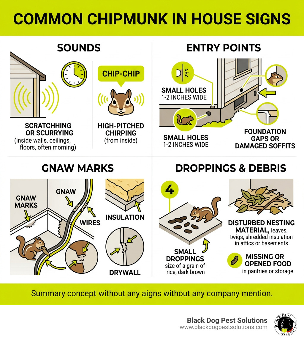 Infographic showing common chipmunk in house signs including droppings, gnaw marks, sounds, and entry points - chipmunk in Infographic showing common chipmunk in house signs including droppings, gnaw marks, sounds, and entry points - chipmunk in