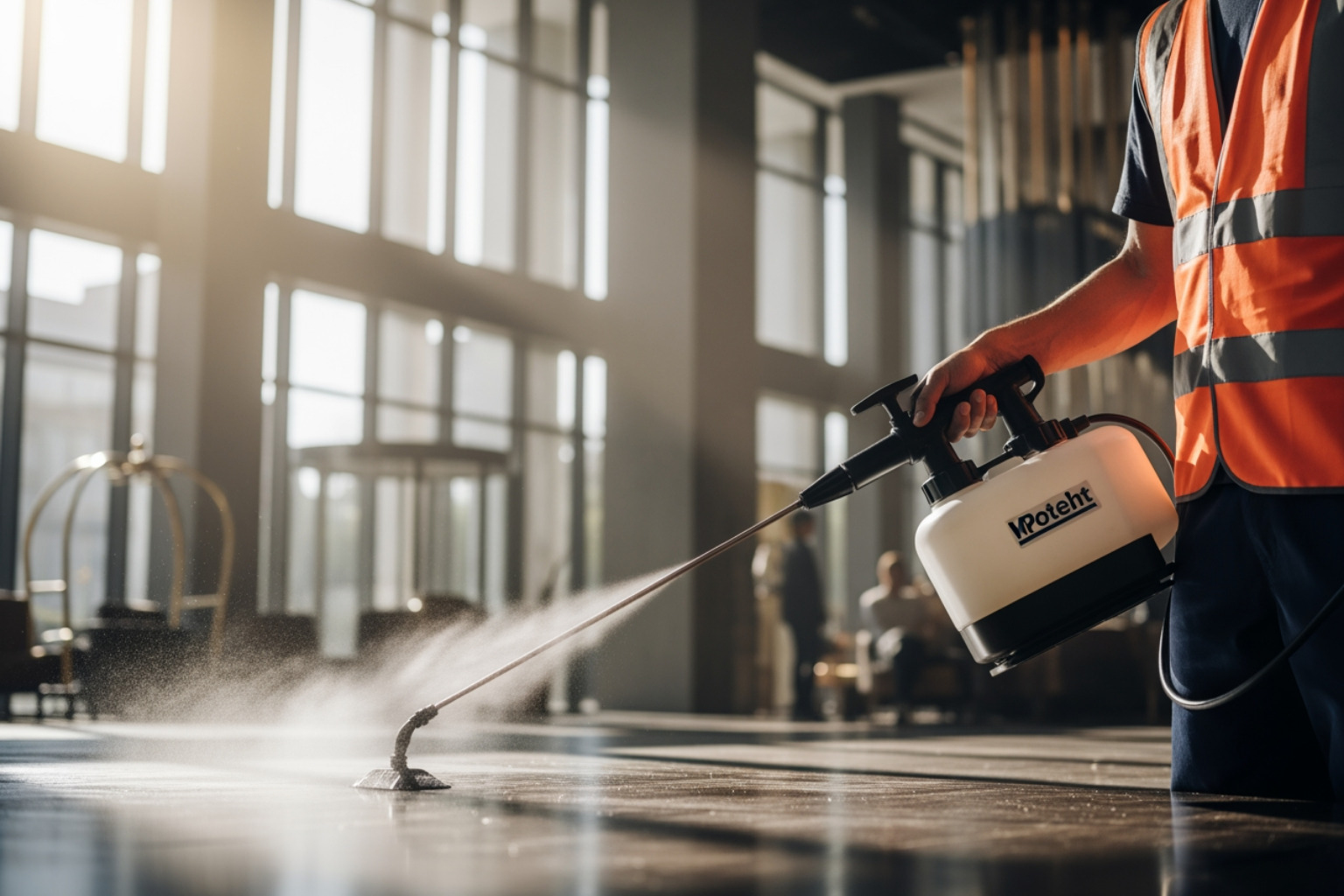 Professional technician using an electrostatic sprayer in a hotel lobby - Castleton hotel facility cleaning
