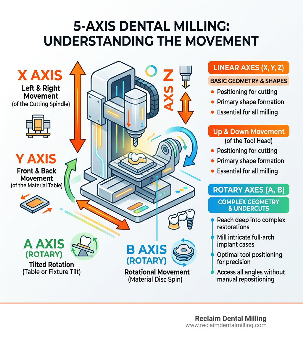 Infographic showing X Y Z A B axes of a 5-axis dental milling machine and what each axis does - 5-axis dental milling Infographic showing X Y Z A B axes of a 5-axis dental milling machine and what each axis does - 5-axis dental milling
