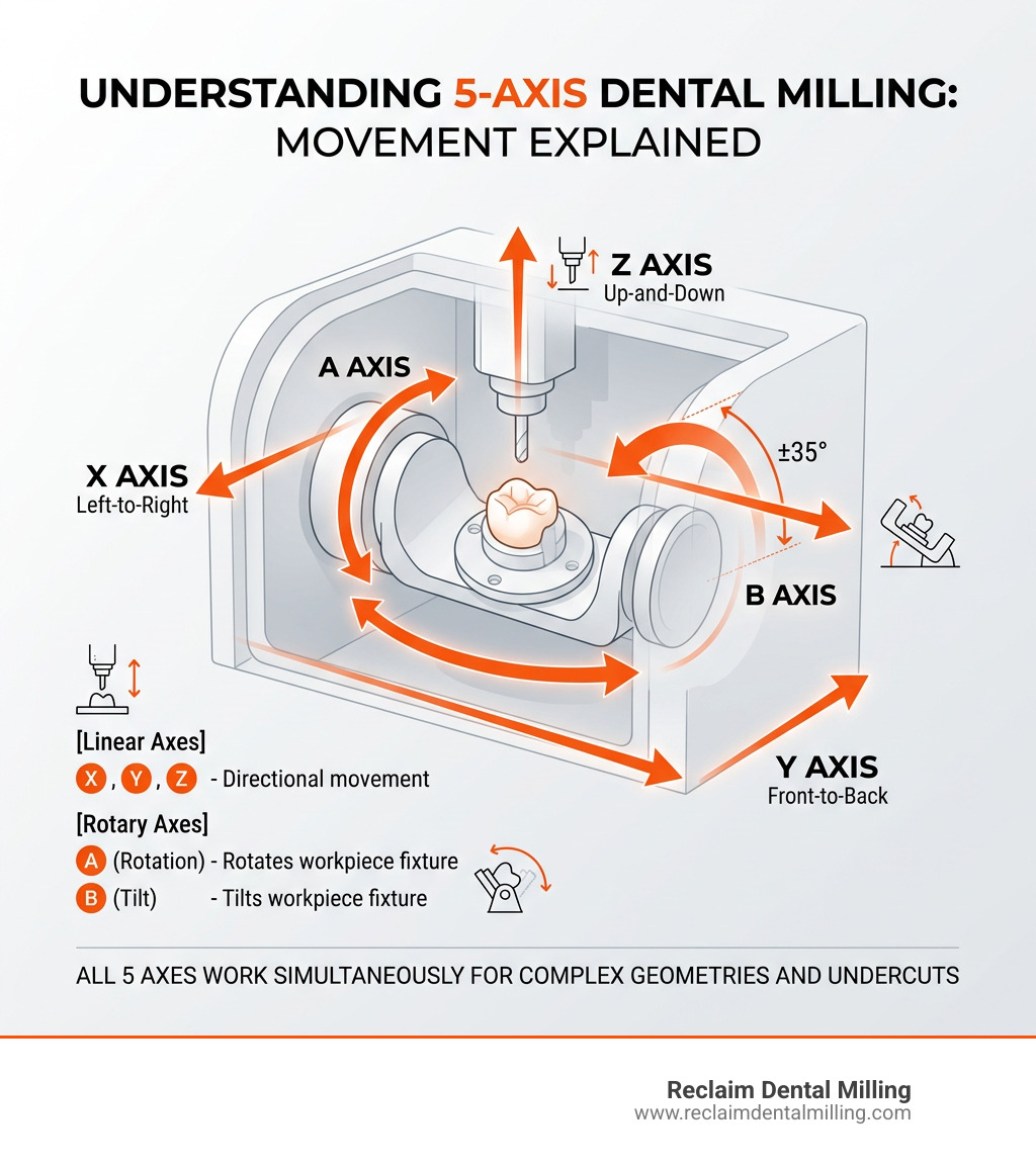 Infographic explaining the 5 axes of movement X Y Z A B in a dental milling machine - 5 axis dental milling machine Infographic explaining the 5 axes of movement X Y Z A B in a dental milling machine - 5 axis dental milling machine