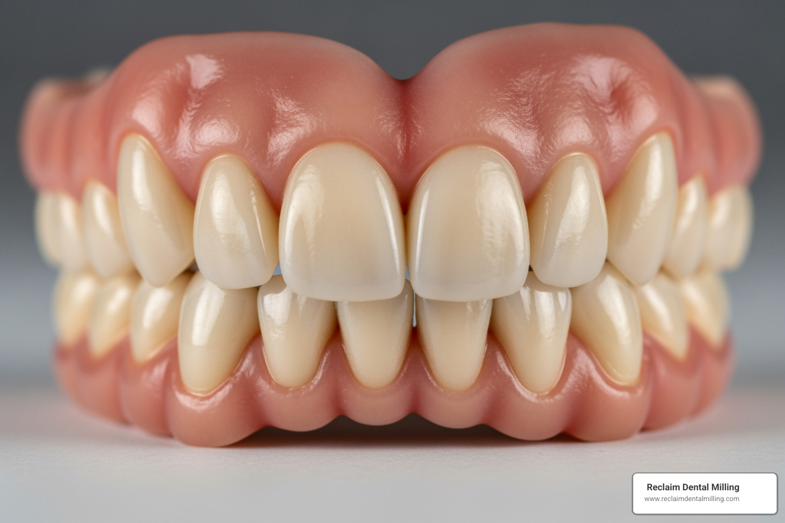 Precision-milled zirconia bridge showing high-detail anatomy and gum transition - 3-5 day implant bridges