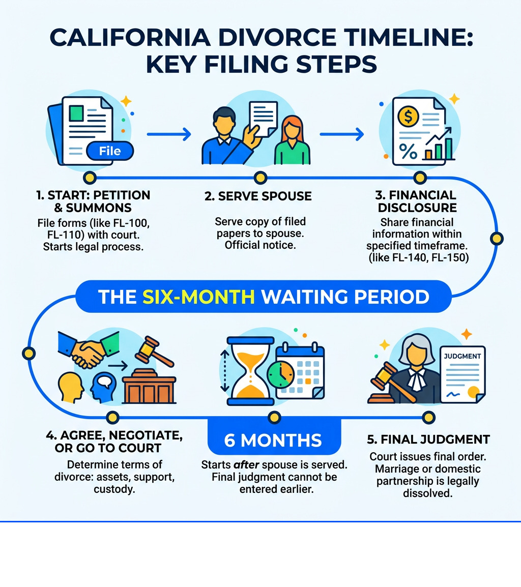 California divorce timeline showing 6-month waiting period and key filing steps - california divorce papers pdf infographic 