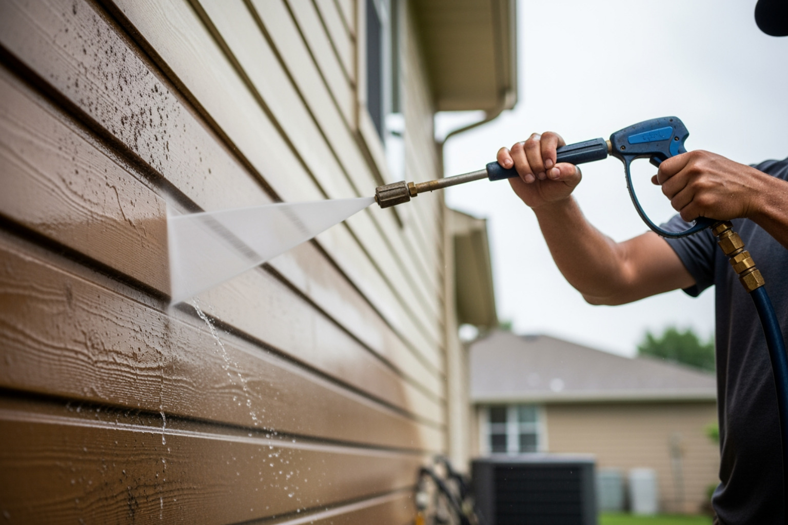 professional pressure washing equipment in use - exterior surface preparation Carmel