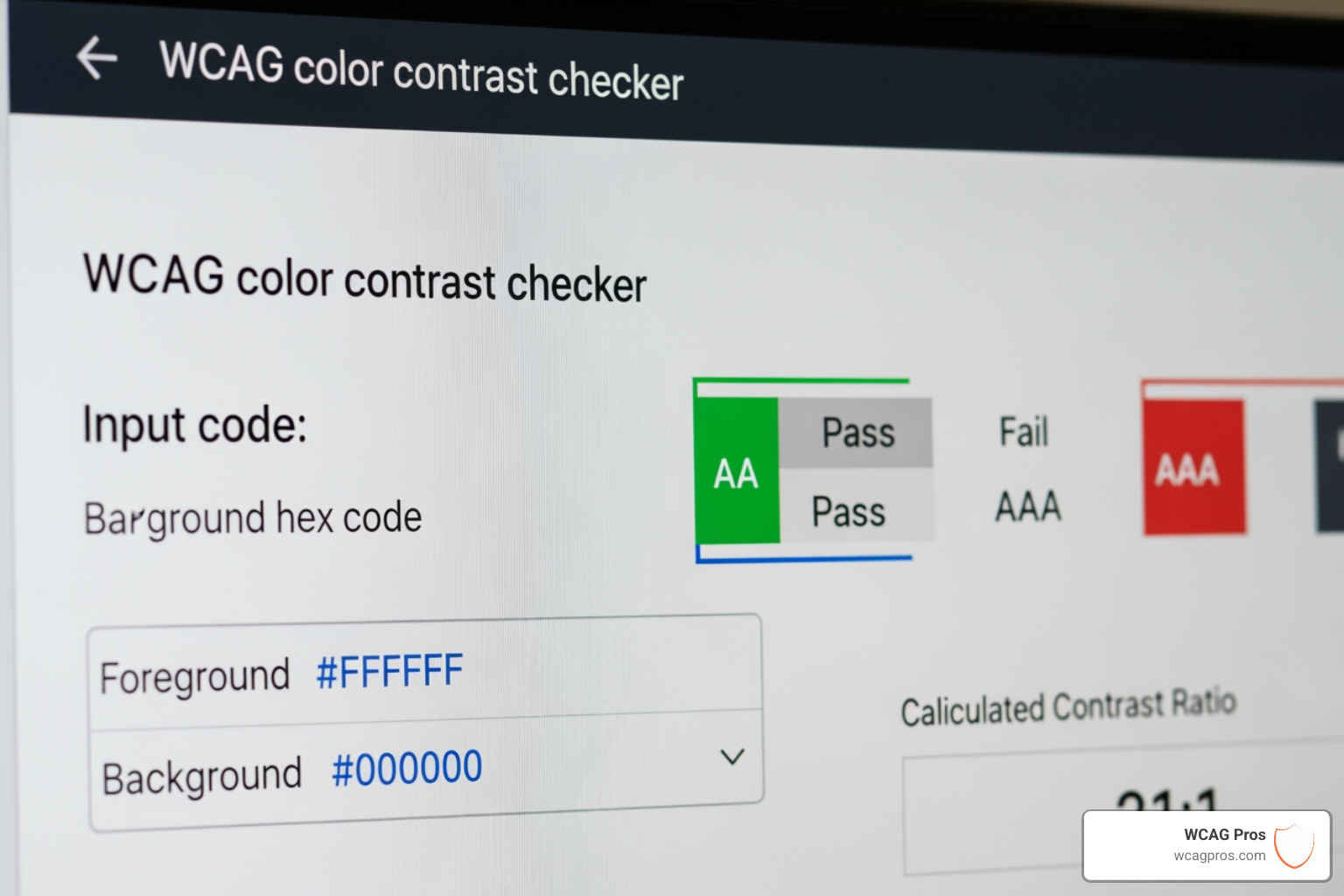 Graphic showing a user interface for a color contrast checker tool with hex code inputs and pass/fail indicators : wcag Graphic showing a user interface for a color contrast checker tool with hex code inputs and pass/fail indicators : wcag