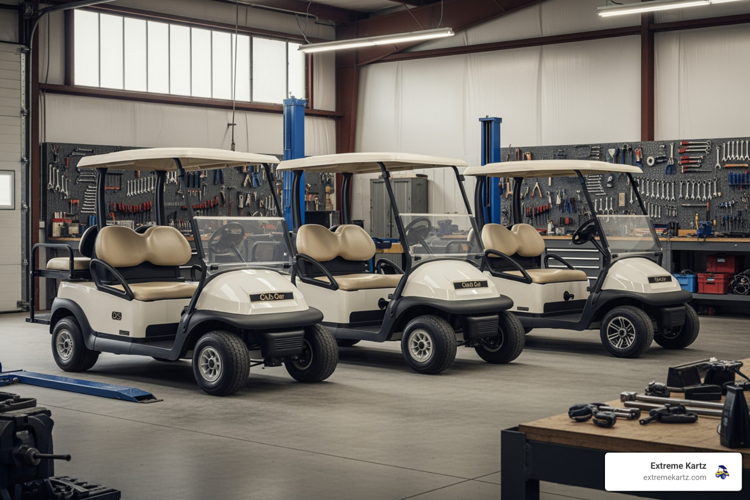 side by side comparison of club car ds precedent and tempo models in a workshop - club car golf cart body kits