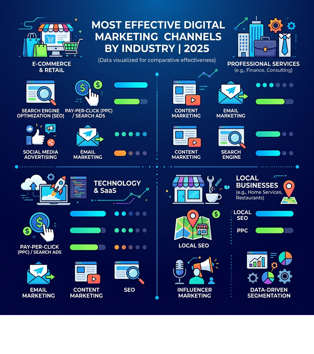 Chart showing the most effective digital marketing channels by industry for 2025 - creating a digital marketing campaign Chart showing the most effective digital marketing channels by industry for 2025 - creating a digital marketing campaign