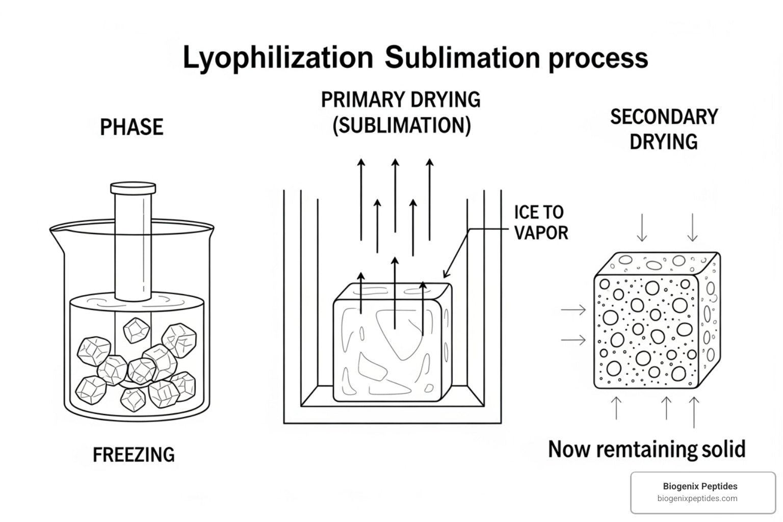 Diagram showing the three phases of the lyophilization sublimation process - how long do lyophilized peptides last