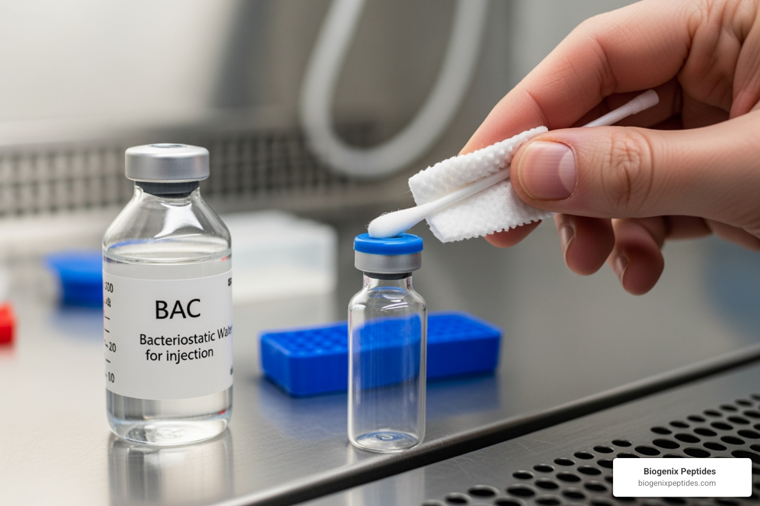 Alcohol swab cleaning the rubber stopper of a peptide vial before needle insertion - how much bac water to reconstitute