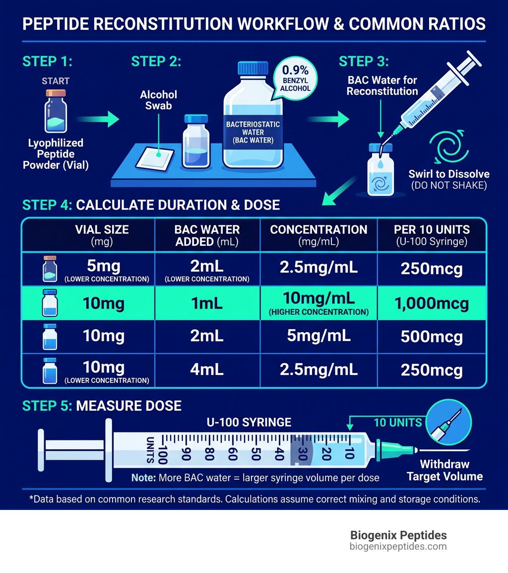 Peptide reconstitution workflow infographic showing vial sizes, BAC water volumes, concentrations, and syringe units - how