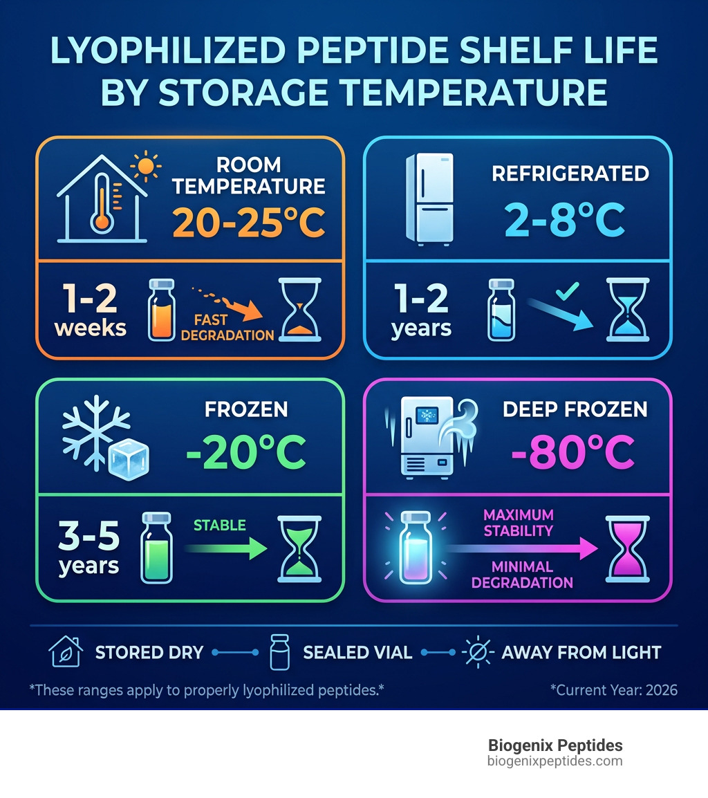 Infographic showing lyophilized peptide shelf life by storage temperature from room temp to -80°C - how long do lyophilized