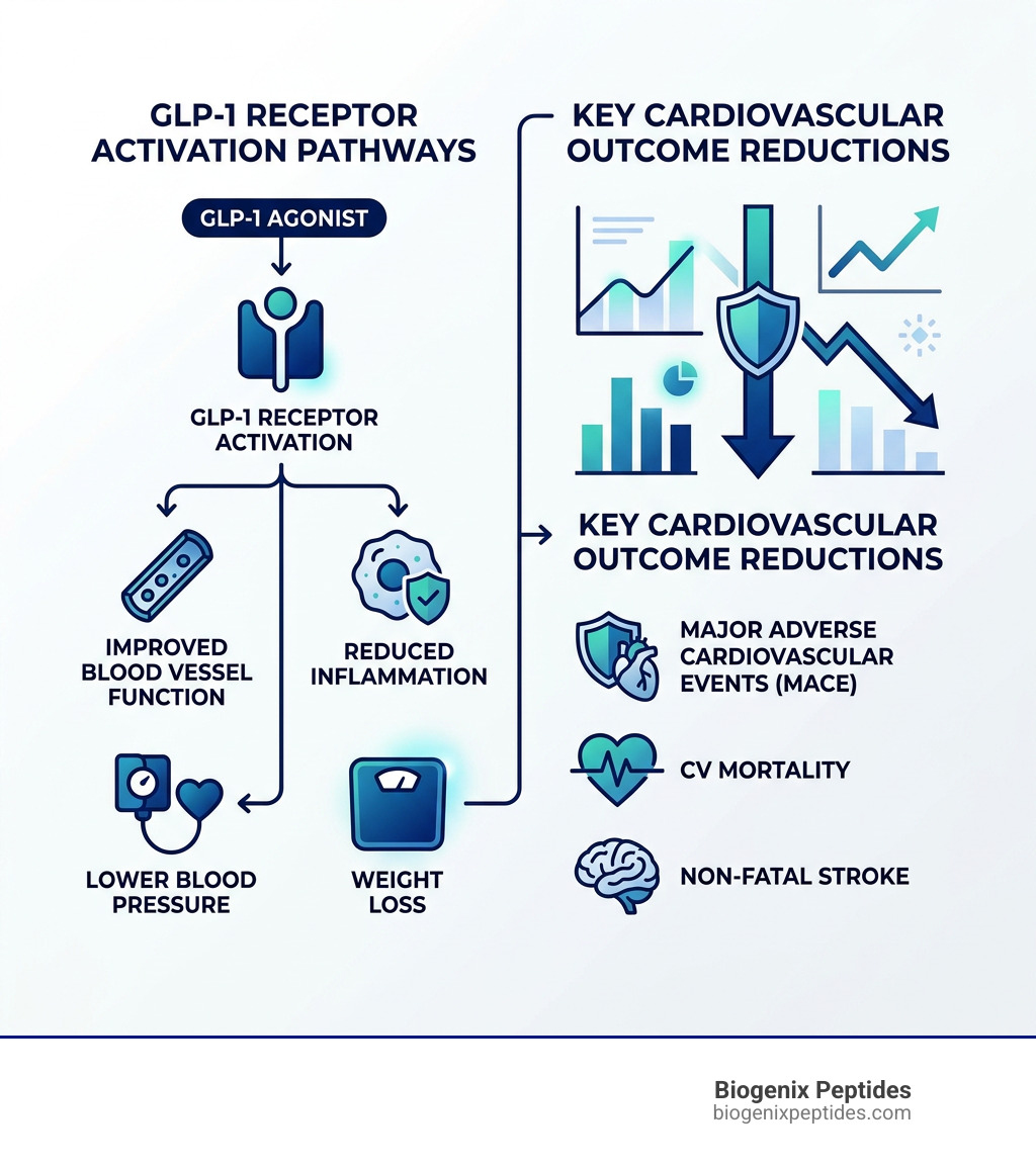 Infographic showing GLP-1 receptor activation pathways and key cardiovascular outcome reductions including MACE, CV