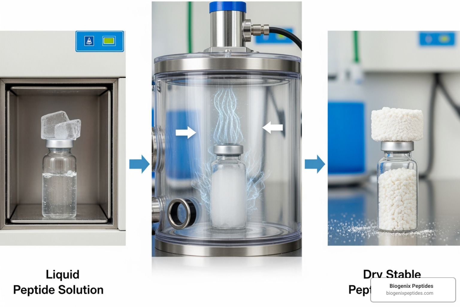 The freeze-drying process showing how moisture is removed to create stable peptide powder - how long do peptides last in