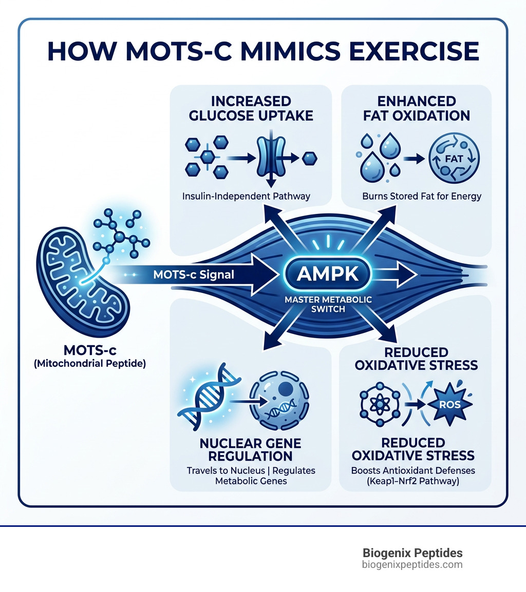 Infographic showing how MOTS-c mimics exercise through AMPK activation, glucose uptake, fat oxidation, and nuclear gene