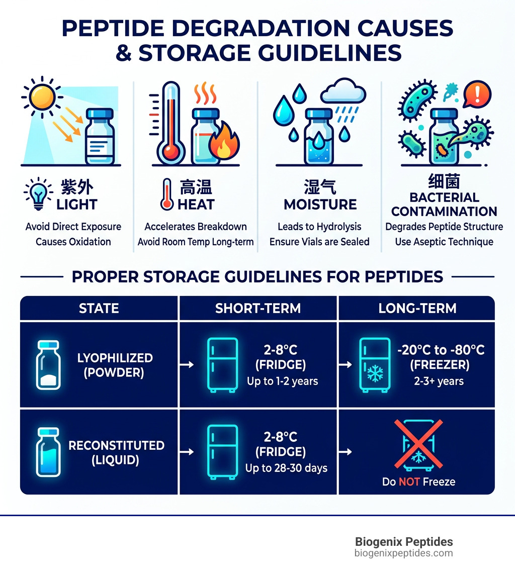 Infographic showing peptide degradation causes: light, heat, moisture, and bacterial contamination with storage guidelines