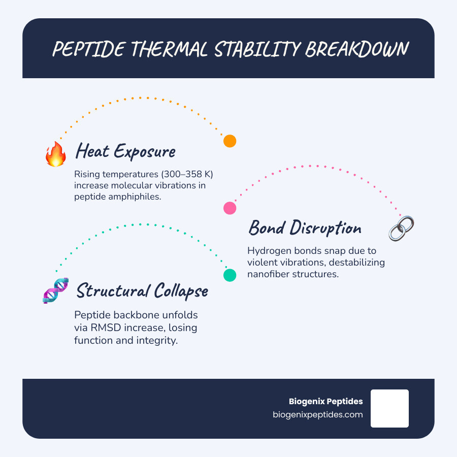 Infographic showing key strategies for enhancing peptide thermal stability from folded to unfolded state under heat stress