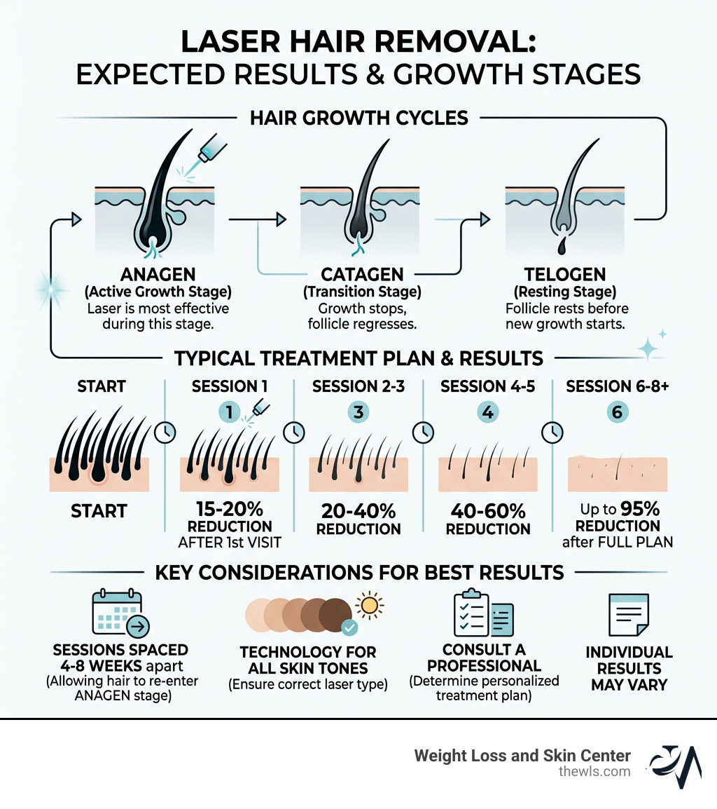 Infographic showing hair growth stages, session count, and expected hair reduction percentages for laser hair removal