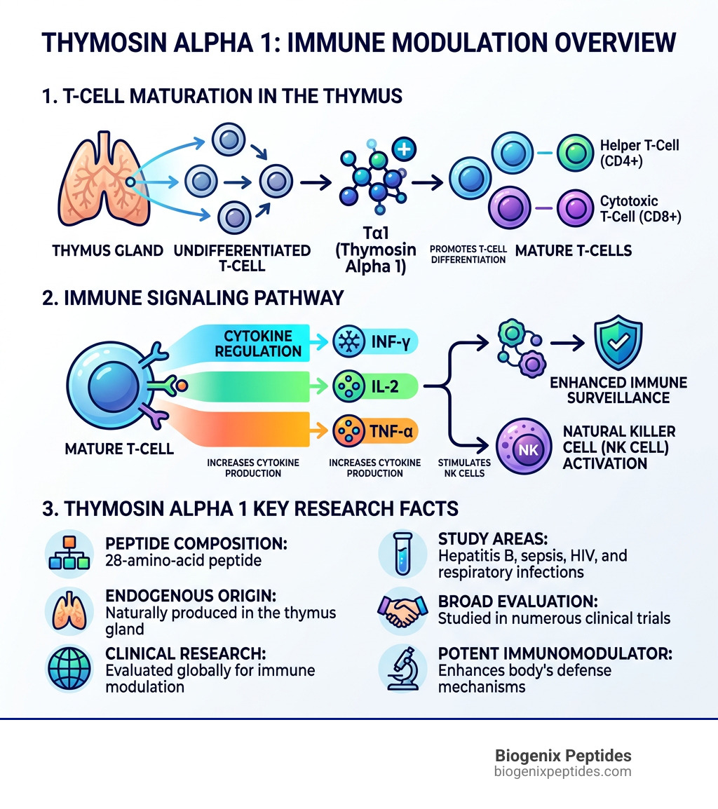 Infographic showing T-cell maturation, immune signaling pathway, and Thymosin Alpha 1 key research facts - buy thymosin