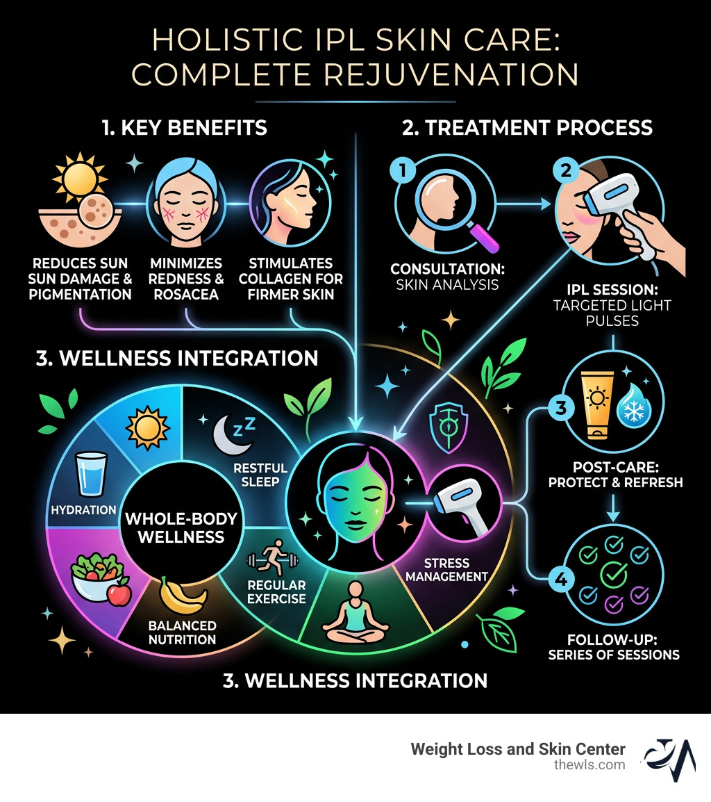 Infographic showing holistic IPL skin care benefits, treatment process, and wellness integration - holistic IPL skin care