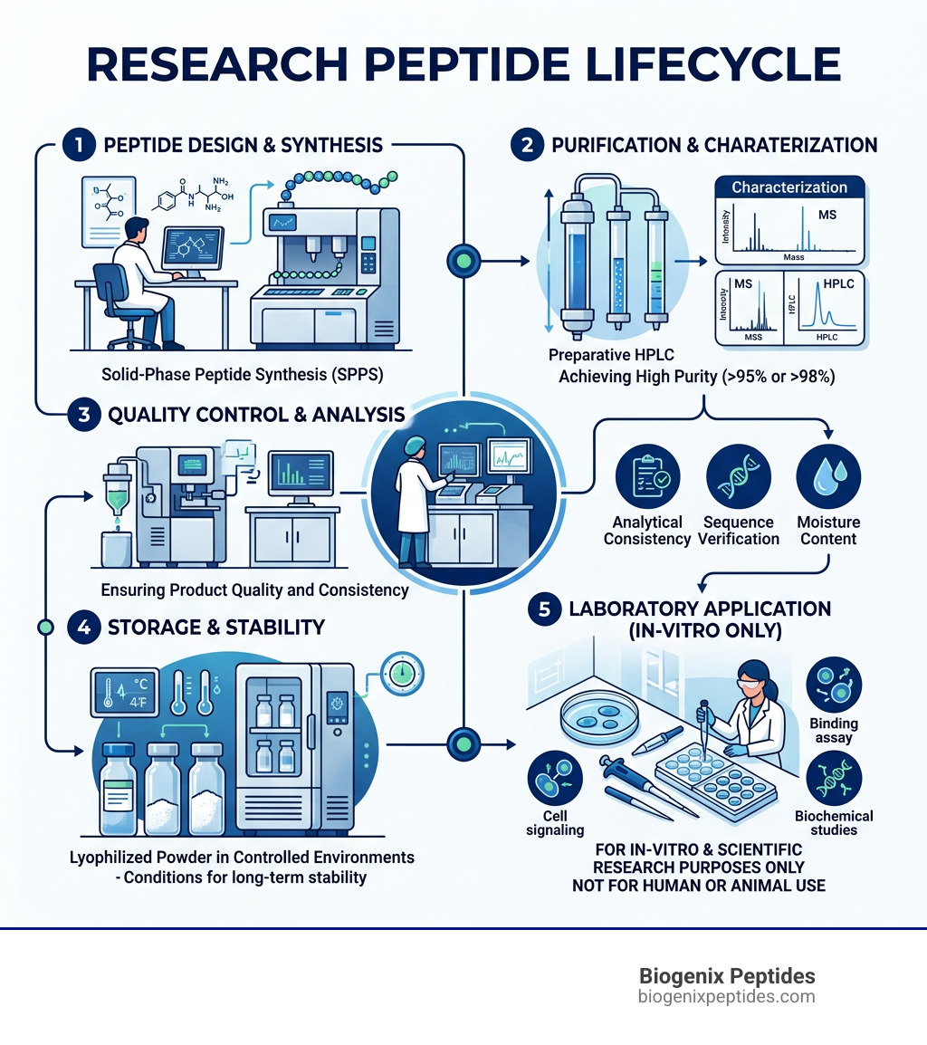 Research peptide lifecycle from synthesis to laboratory application infographic - research peptides infographic Research peptide lifecycle from synthesis to laboratory application infographic - research peptides infographic