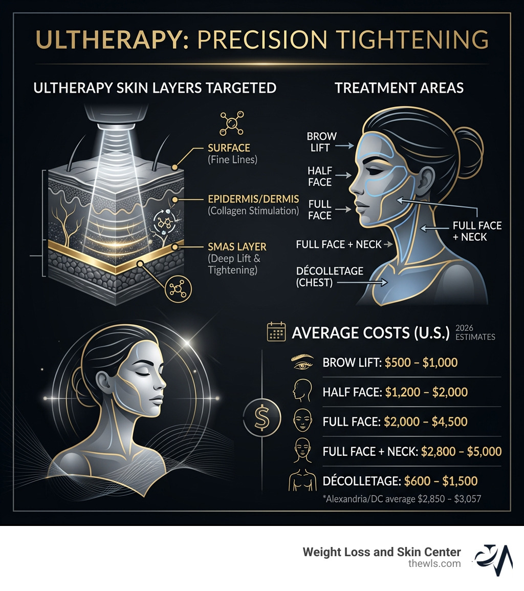 Ultherapy skin layers targeted, treatment areas, and average costs infographic - ultherapy cost infographic 