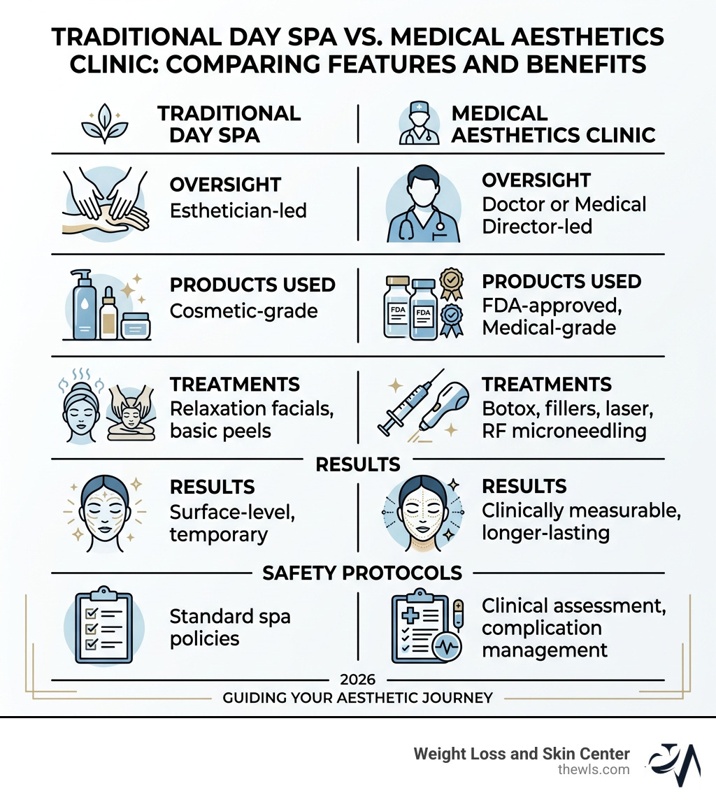 Infographic comparing traditional day spa vs medical aesthetics clinic features and benefits - medical aesthetics Old Town