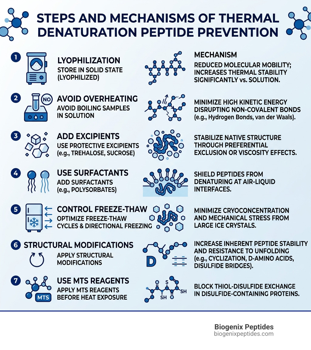 Steps and mechanisms of thermal denaturation peptide prevention infographic - thermal denaturation peptide prevention