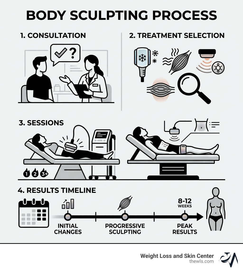 Infographic showing body sculpting process steps: consultation, treatment selection, sessions, and results timeline - body