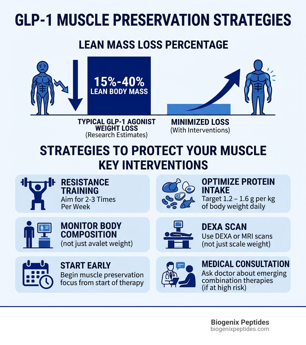 GLP-1 muscle preservation strategies infographic showing lean mass loss percentages and key interventions - GLP-1 agonists