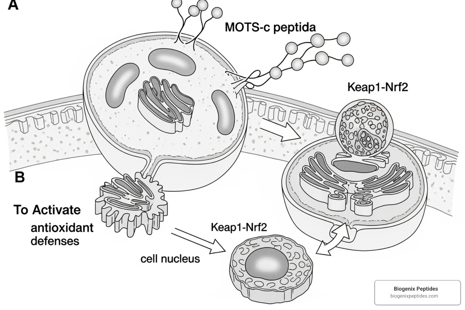 Diagram of MOTS-c translocating to the nucleus to activate antioxidant defenses - mots c peptide exercise mimic
