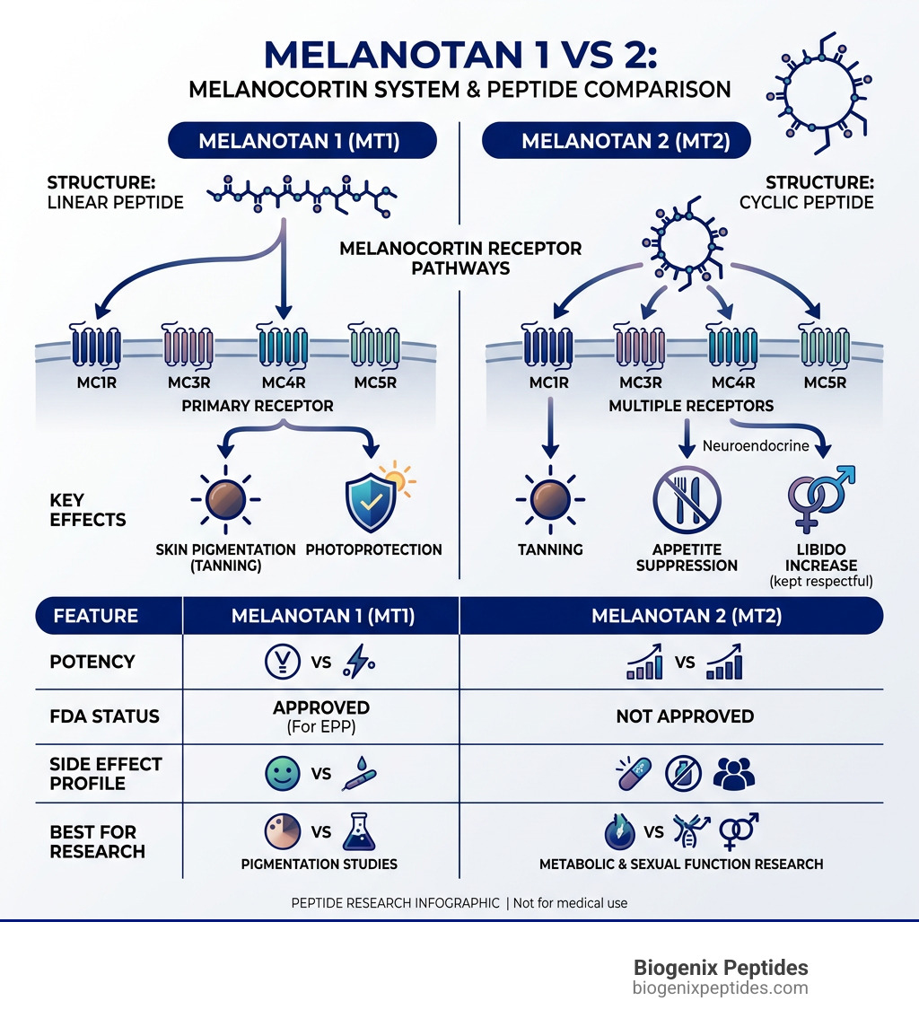 Melanotan 1 vs 2 melanocortin system receptor pathways and peptide comparison infographic - melanotan 1 vs 2 peptides