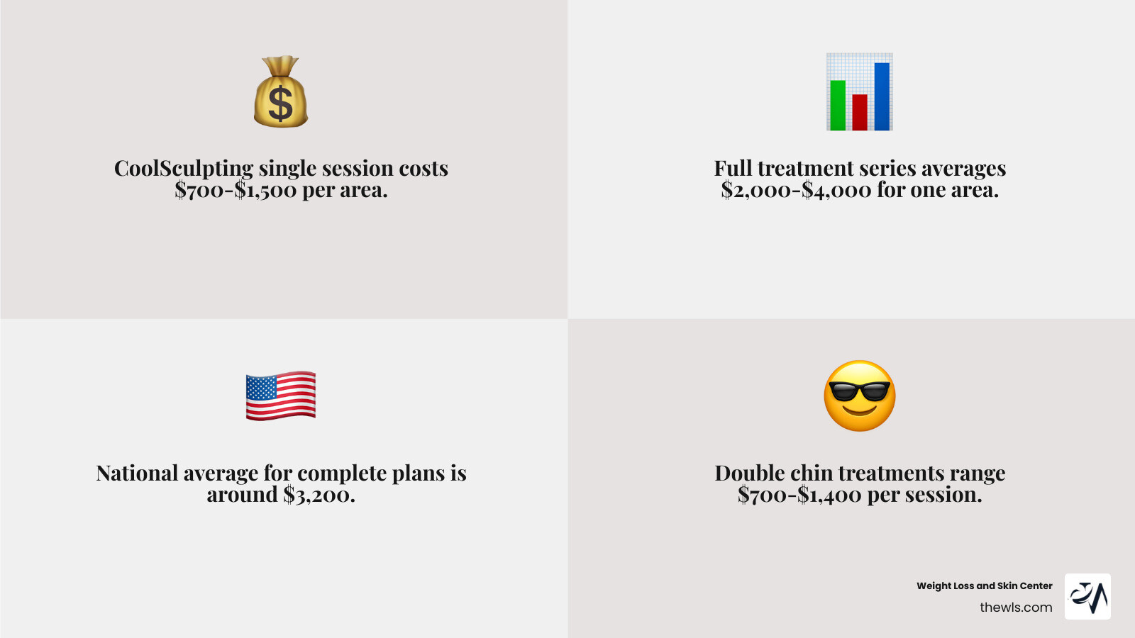 Infographic showing CoolSculpting cost ranges by treatment area and key pricing factors - coolsculpting cost infographic