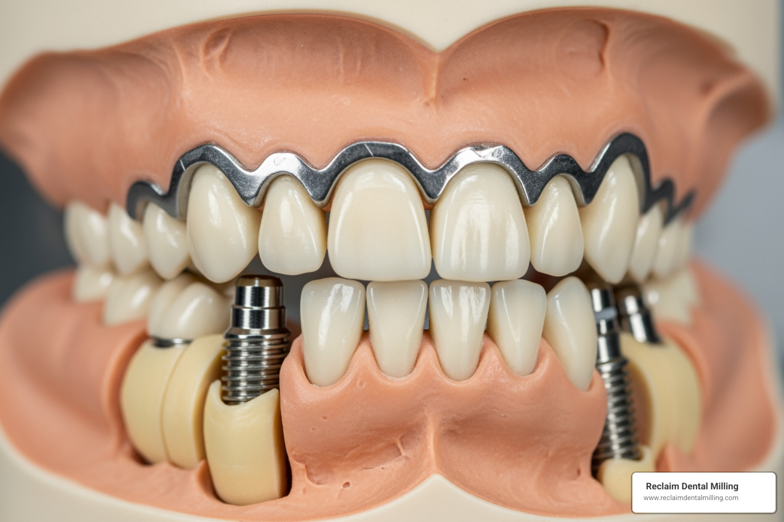 Full-arch framework with perfect passive fit seated on implants - high accuracy implant restorations Full-arch framework with perfect passive fit seated on implants - high accuracy implant restorations