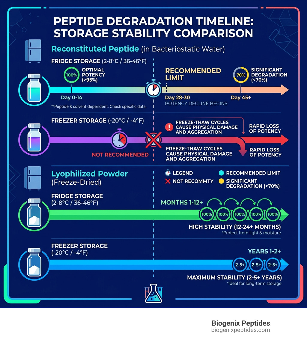 Infographic showing reconstituted peptide degradation timeline vs lyophilized powder at fridge and freezer temps - how long