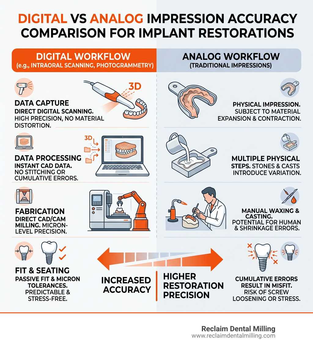 Digital vs analog impression accuracy comparison infographic for implant restorations - high accuracy implant restorations Digital vs analog impression accuracy comparison infographic for implant restorations - high accuracy implant restorations
