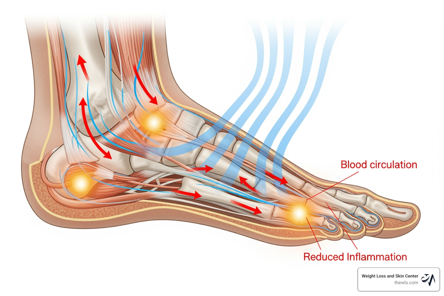 Infrared light penetrating foot joints and stimulating blood flow to reduce inflammation - best red light therapy for feet