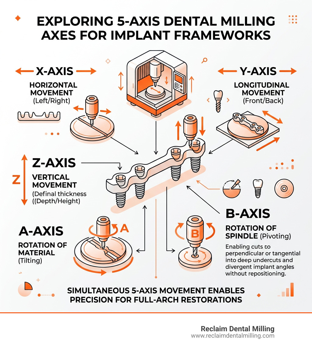 X Y Z A B axes explained in 5-axis dental milling for implant frameworks infographic - 5 axis implant frameworks infographic X Y Z A B axes explained in 5-axis dental milling for implant frameworks infographic - 5 axis implant frameworks infographic