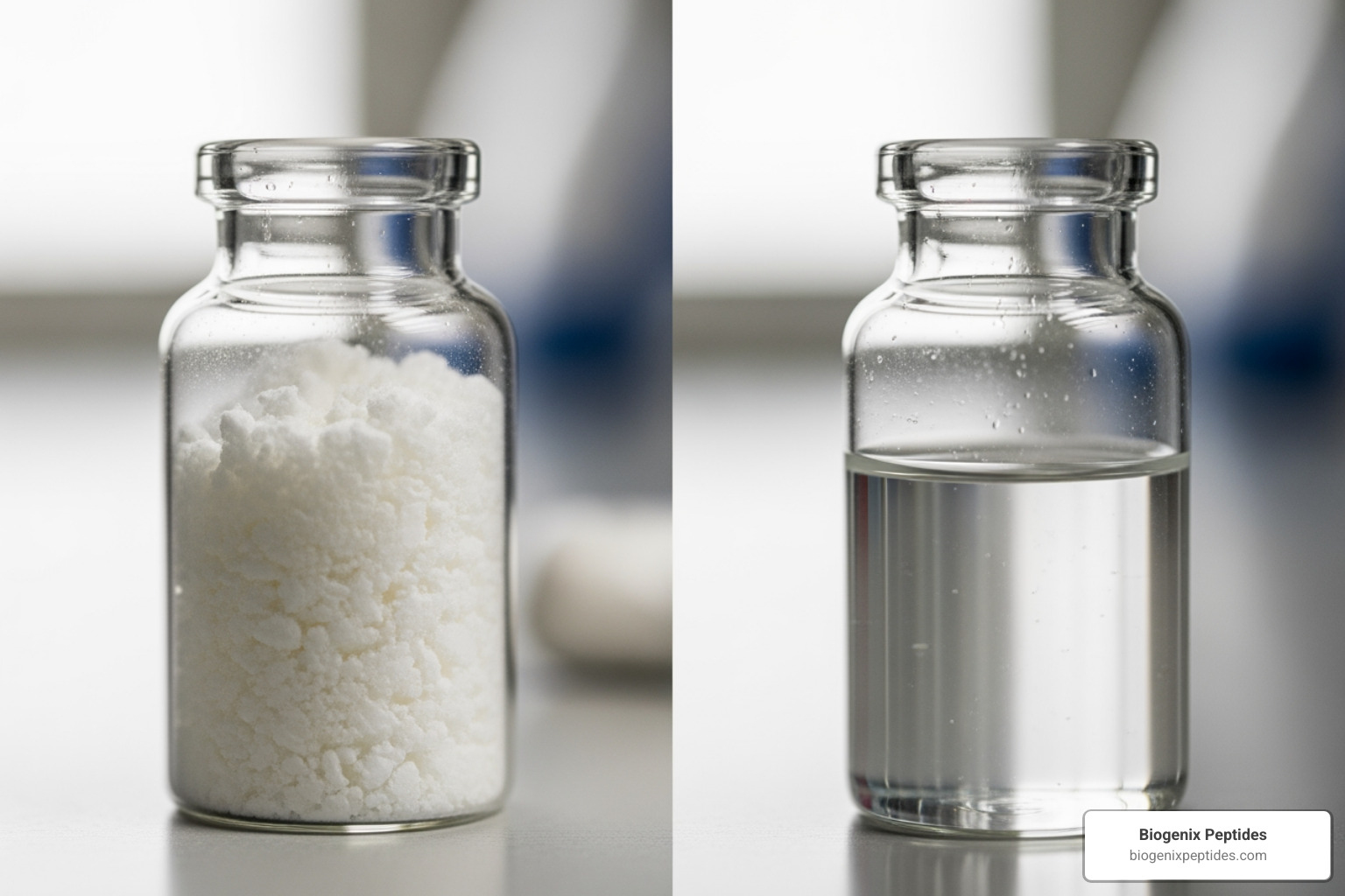 A side-by-side comparison of a freeze-dried peptide cake and a clear reconstituted solution - peptide storage