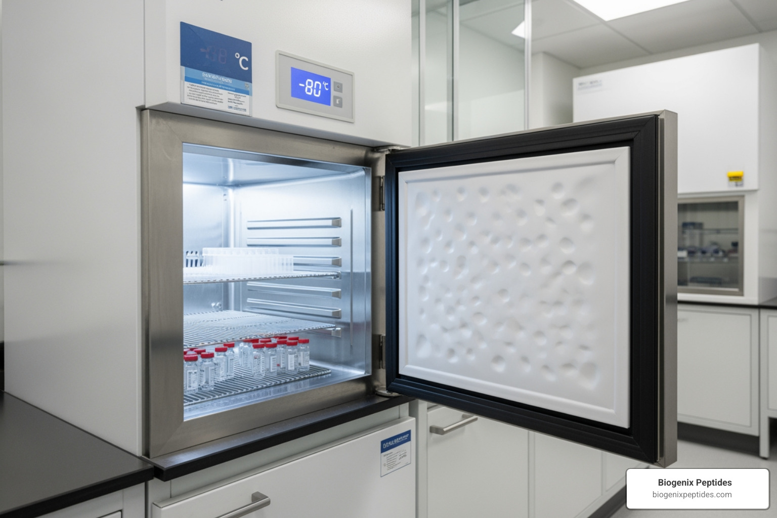 A laboratory-grade freezer showing digital temperature monitoring at -80 degrees Celsius - peptide storage