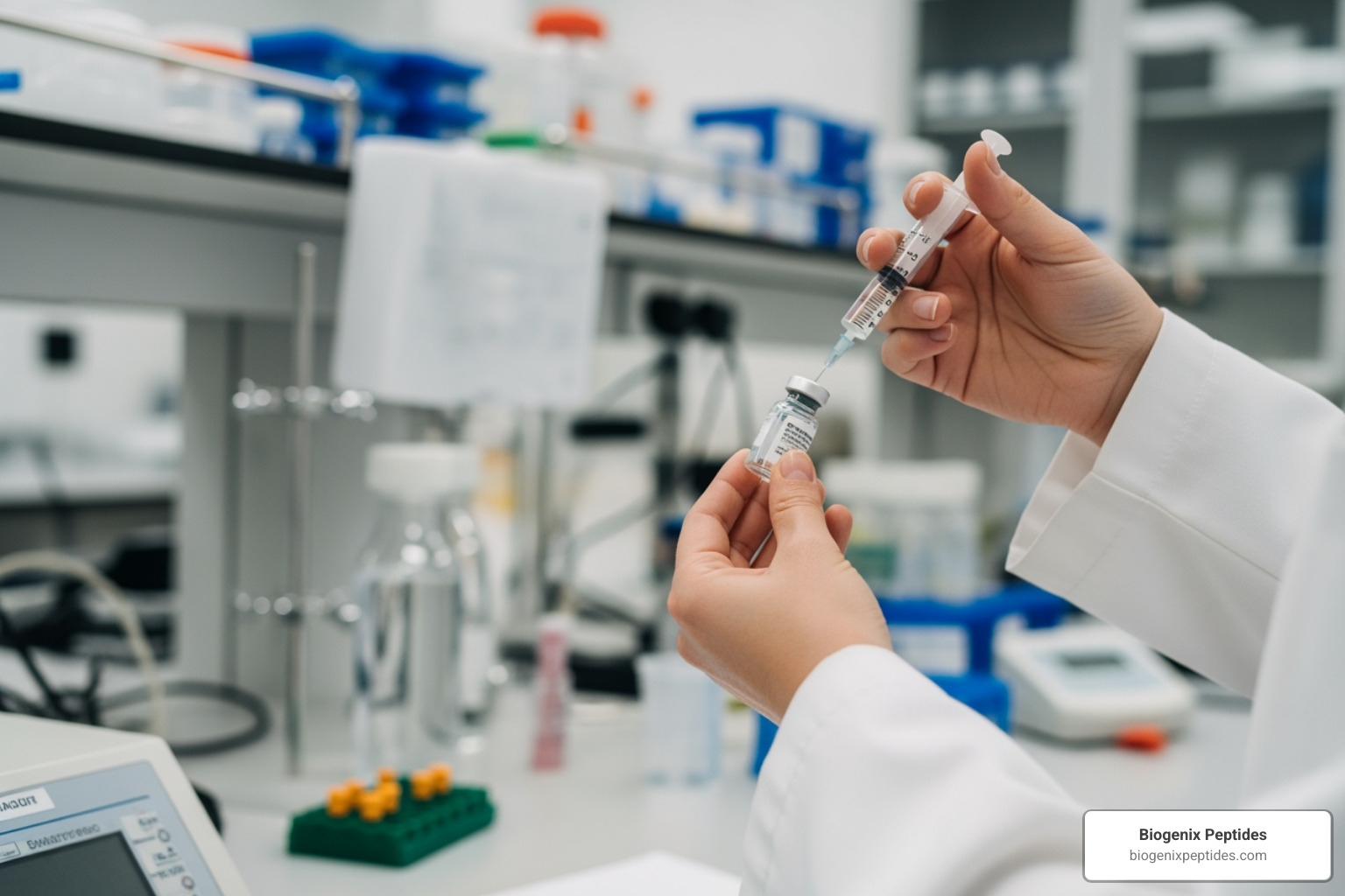 A researcher carefully adding bacteriostatic water to a peptide vial using a sterile syringe - peptide storage
