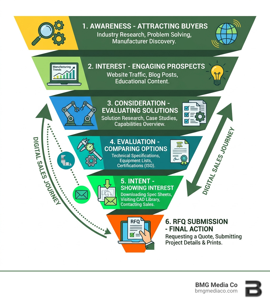 Manufacturing digital sales funnel from awareness to RFQ submission - manufacturing website design infographic 