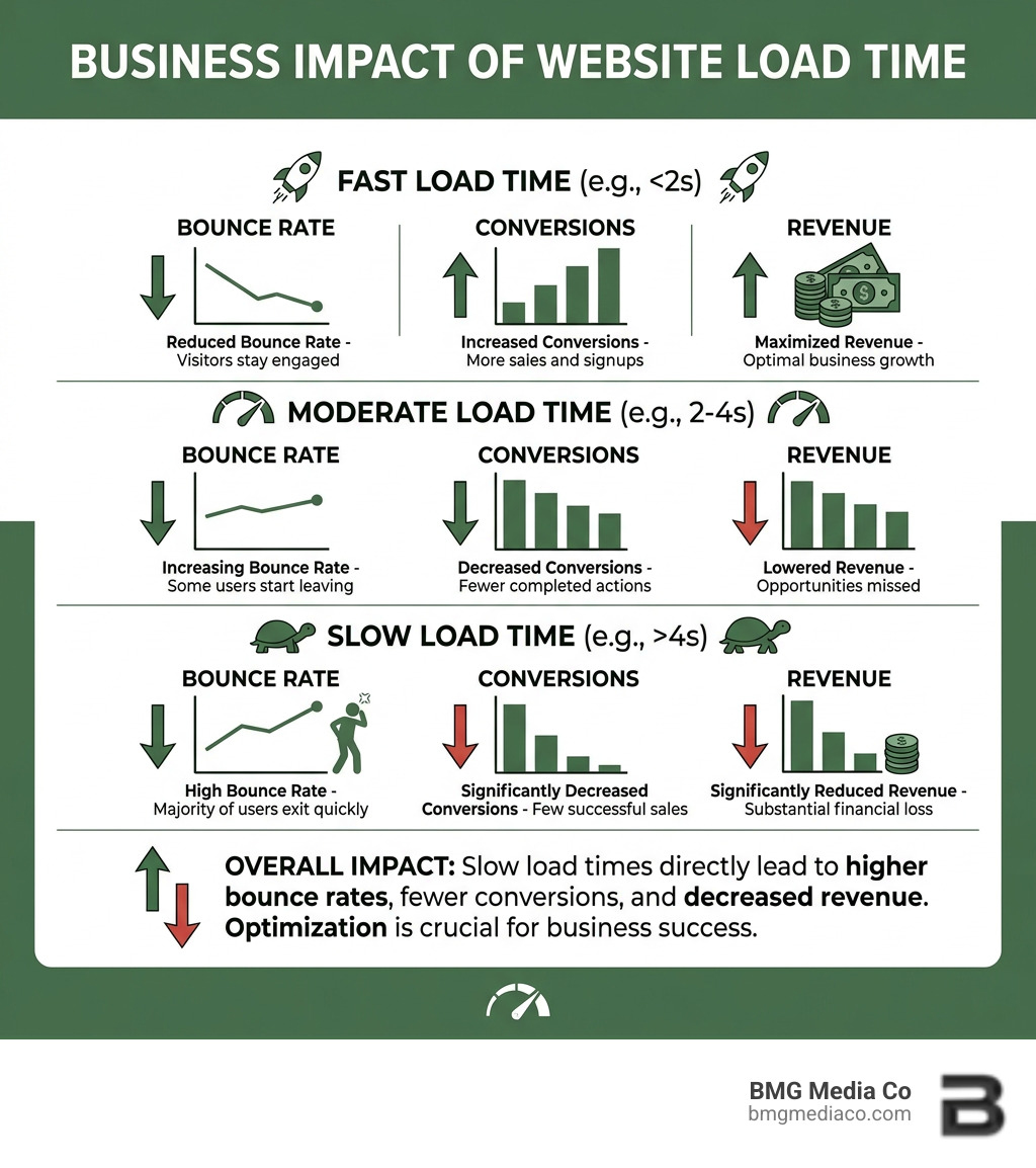 Infographic showing business impact of website load time on bounce rate, conversions, and revenue - performance web testing
