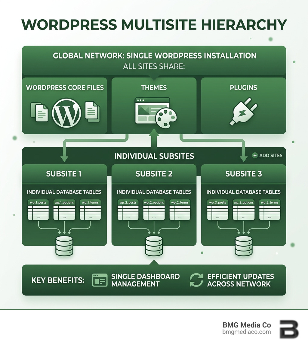 Infographic showing WordPress Multisite hierarchy: shared core files, themes, plugins, and database with separate subsite