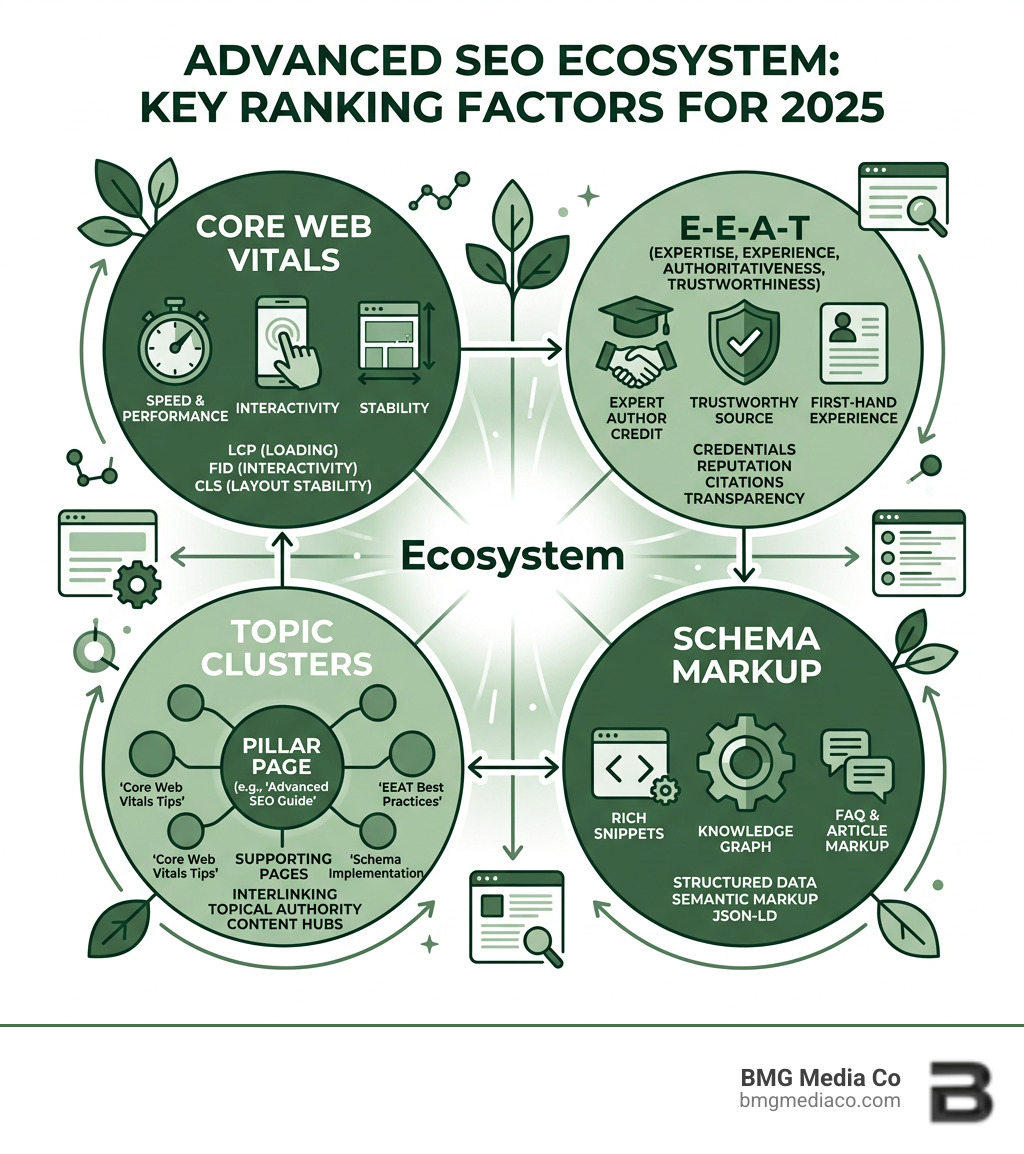 Advanced SEO ecosystem showing 2025 ranking factors including Core Web Vitals, EEAT, schema, and topic clusters - advanced