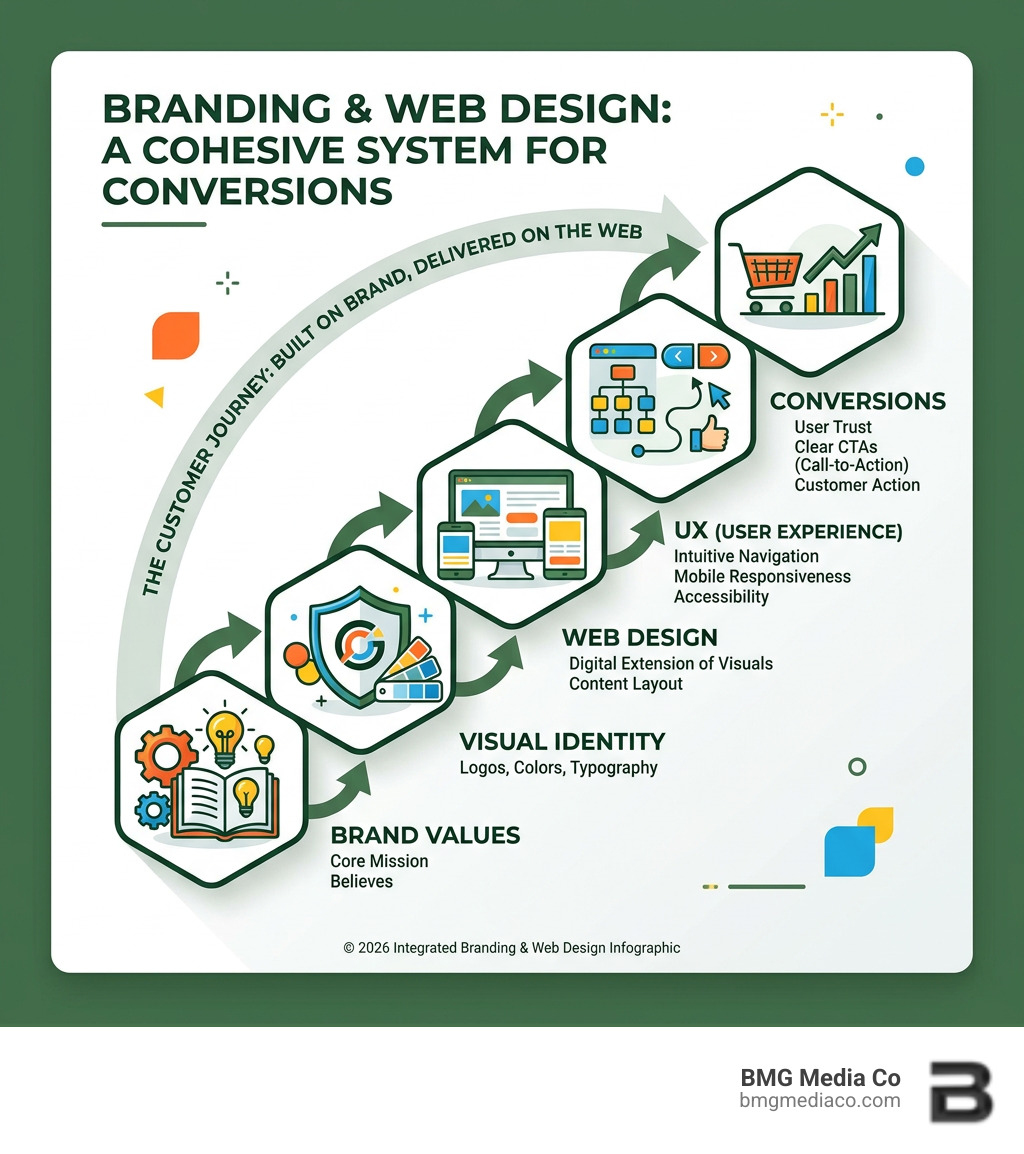 Infographic showing how branding and web design integrate: brand values lead to visual identity, which informs web design