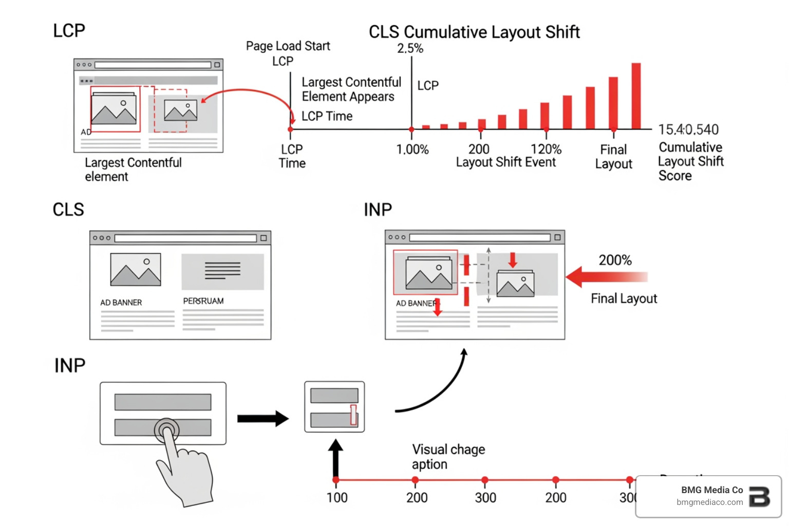 Graphic illustrating LCP, CLS, and INP metrics - web performance monitoring