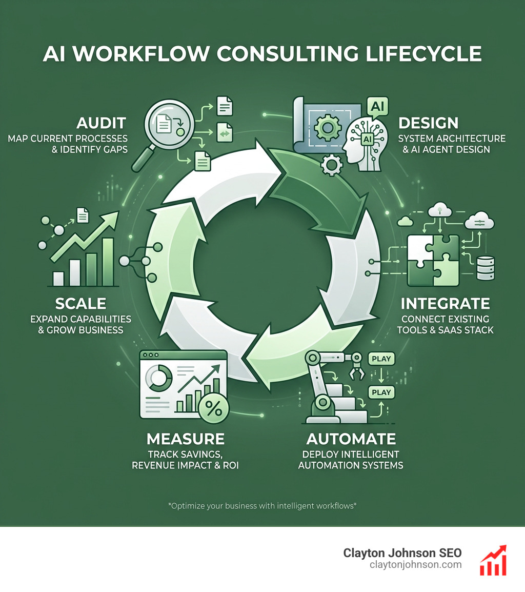 AI workflow consulting lifecycle: audit, design, integrate, automate, measure, scale - ai workflow consulting infographic 