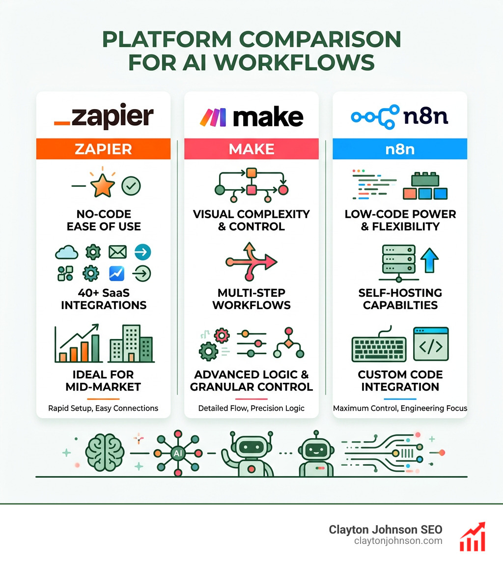 Infographic showing the comparison between Zapier, n8n, and Make for AI workflows - ai workflow consulting infographic 