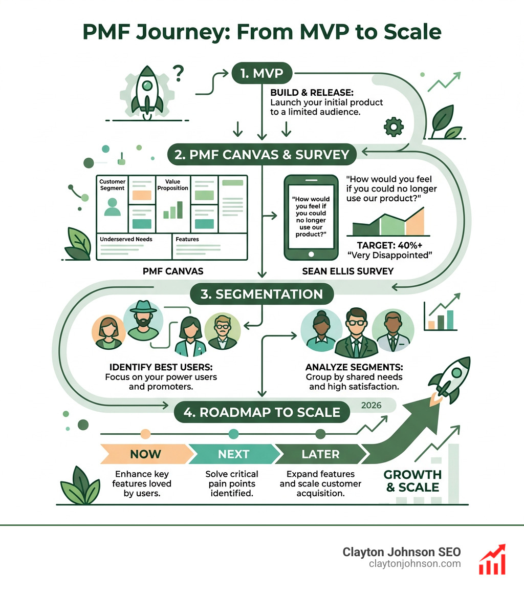 PMF journey infographic from MVP to scale showing canvas survey segmentation and roadmap stages - product market fit