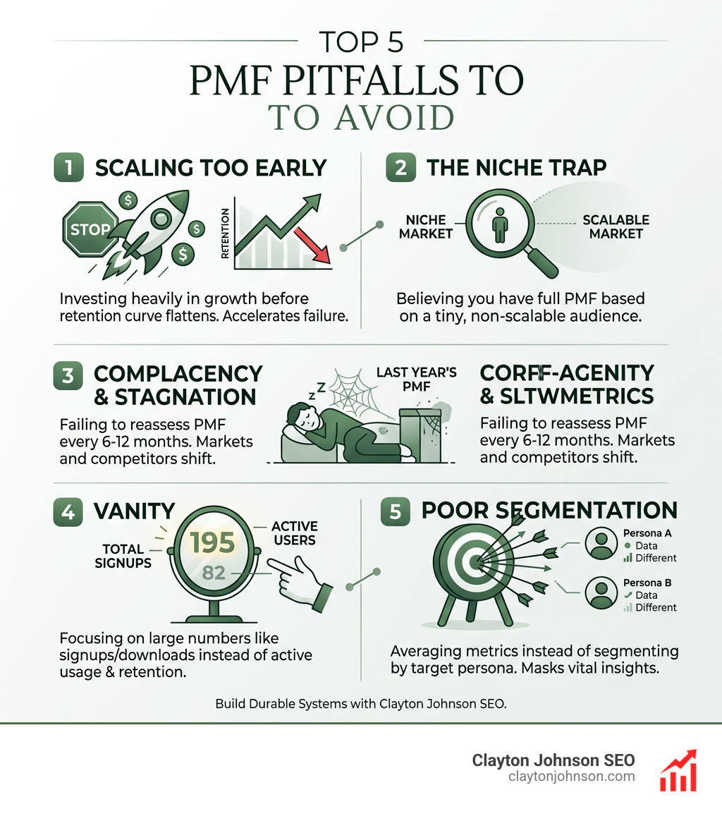 infographic summarizing the top 5 PMF pitfalls including scaling too early and vanity metrics - product market fit analysis